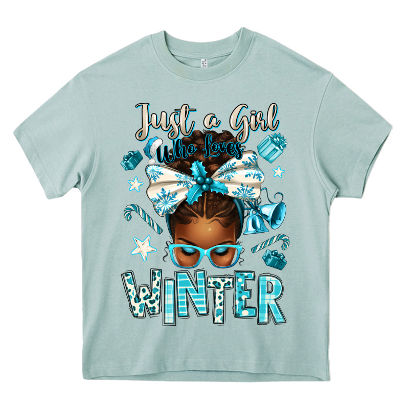 Just A Girl Who Loves Winter Afro Messy Bun Heavy Core Tee by texasbilliewilder | Teevron