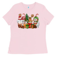 Bubblegum Pink christmas polar bear reindeer and snowman coffee c Ladies Tee - CowGirlArtShop