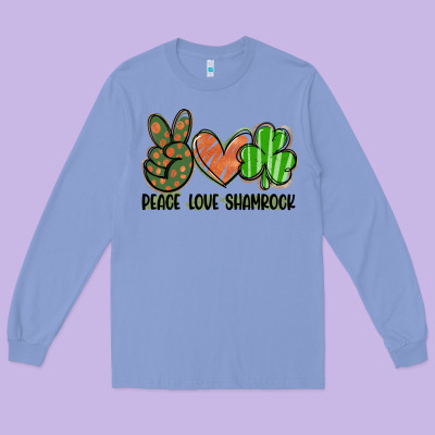 Peace Love Shamrock Long Sleeve Tee Designed By Fadigitalartstudio