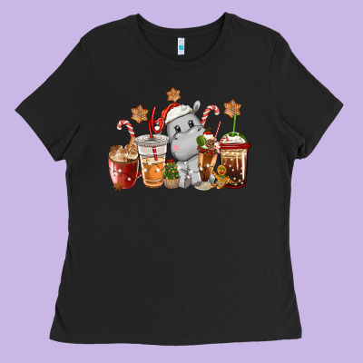 Hippopotamus Coffee Cups Christmas Ladies Tee Designed By Cowgirlartshop