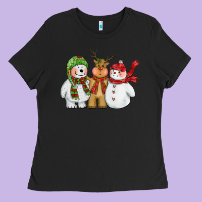Christmas Polar Bear Reindeer And Snowman Ladies Tee Designed By Cowgirlartshop