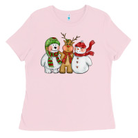 Bubblegum Pink christmas polar bear reindeer and snowman Ladies Tee - CowGirlArtShop