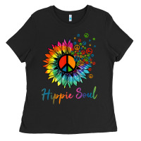 Black daisy peace sign hippie soul retro hippie flower lovers t shirt Ladies Tee - baoMotion