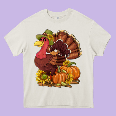 Thanksgiving Turkey With Pumpkin And Sunflower Heavy Core Tee Designed By Nancycooperartshop