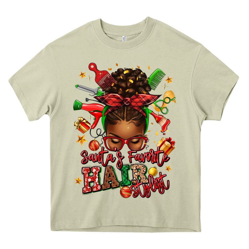 Santas Favorite Hair Stylist Afro Messy Bun Heavy Core Tee by texasbilliewilder | Teevron