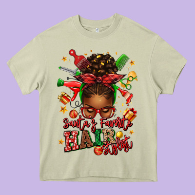 Santas Favorite Hair Stylist Afro Messy Bun Heavy Core Tee Designed By Texasbilliewilder