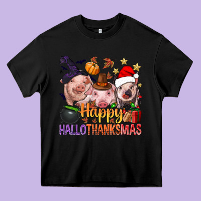 Happy Hallothanksmas Pigs Heavy Core Tee Designed By Nancycooperartshop