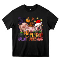 Black Happy Hallothanksmas Pigs Heavy Core Tee - NancyCooperArtShop