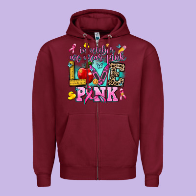 In October We Wear Pink Love Pink Zipper Hoodie Designed By Adodesignshop