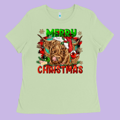 Merry Christmas Cow Ladies Tee Designed By Cowgirlartshop