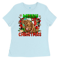 Baby Blue merry christmas cow Ladies Tee - CowGirlArtShop