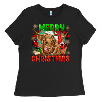 Black merry christmas cow Ladies Tee - CowGirlArtShop