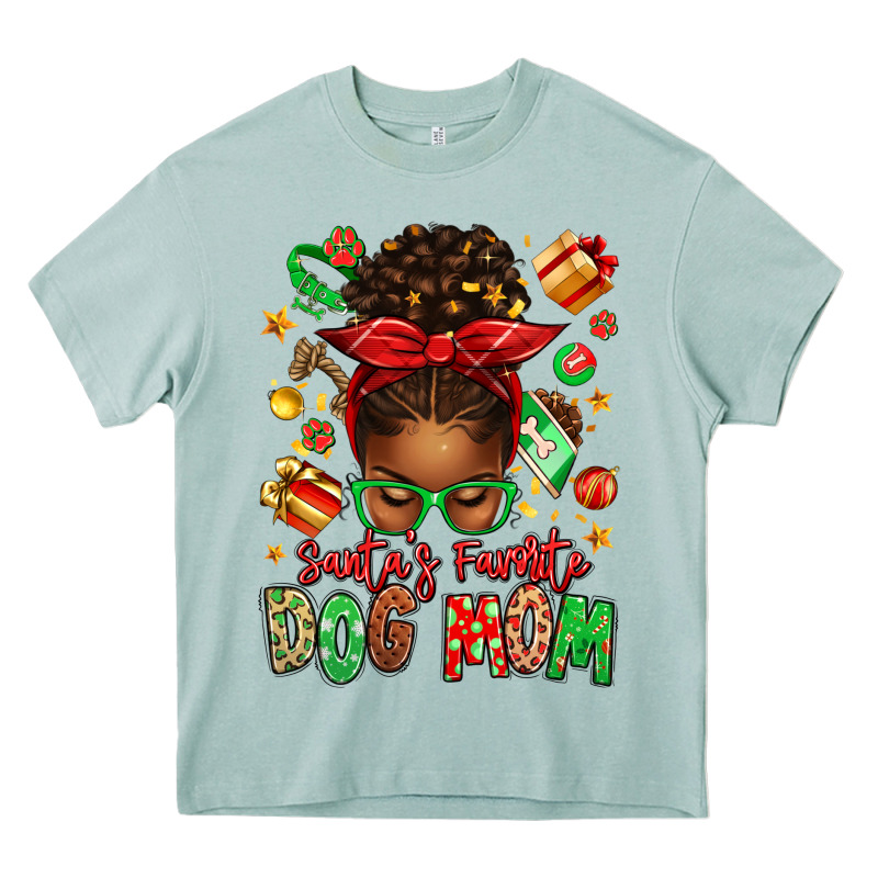 Santas Favorite Dog Mom Afro Messy Bun Heavy Core Tee by texasbilliewilder | Teevron