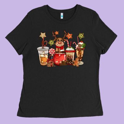 Christmas Reindeer Coffee Ladies Tee Designed By Cowgirlartshop