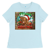 Baby Blue merry christmas heifer cow Ladies Tee - CowGirlArtShop
