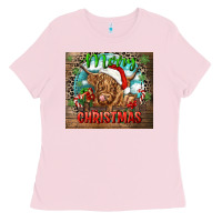 Bubblegum Pink merry christmas heifer cow Ladies Tee - CowGirlArtShop