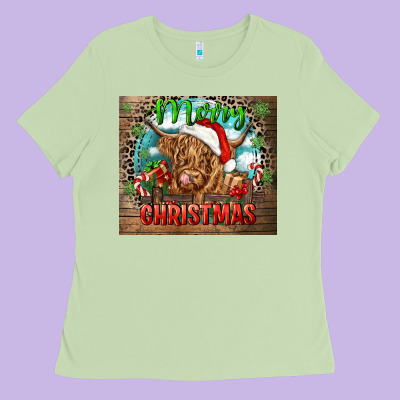 Merry Christmas Heifer Cow Ladies Tee Designed By Cowgirlartshop