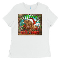 White merry christmas heifer cow Ladies Tee - CowGirlArtShop