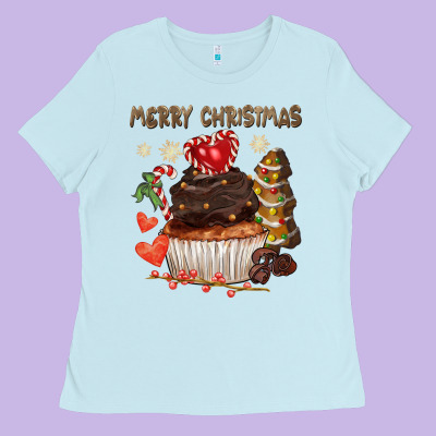 Merry Christmas Cupcake Chocolate Ladies Tee Designed By Cowgirlartshop