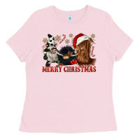 Bubblegum Pink merry christmas heifer cow gnomies Ladies Tee - CowGirlArtShop
