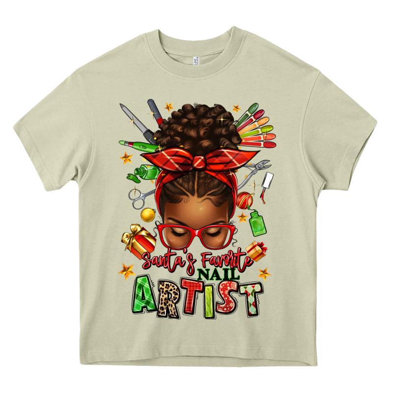 Santa's Favorite Nail Artist Afro Messy Bun Heavy Core Tee by texasbilliewilder | Teevron
