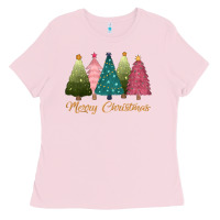Bubblegum Pink merry christmas trees Ladies Tee - CowGirlArtShop