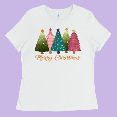 Merry Christmas Trees Ladies Tee Designed By Cowgirlartshop