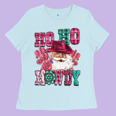 Ho Ho Howdy Santa Pink Christmas Ladies Tee Designed By Cowgirlartshop