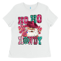 White ho ho howdy santa pink christmas Ladies Tee - CowGirlArtShop