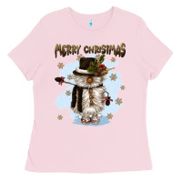 Bubblegum Pink merry christmas snowman Ladies Tee - CowGirlArtShop