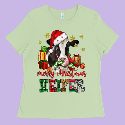 Merry Christmas Heifer Cow Ladies Tee Designed By Cowgirlartshop