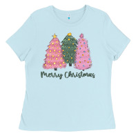 Baby Blue merry christmas trees Ladies Tee - CowGirlArtShop