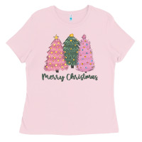 Bubblegum Pink merry christmas trees Ladies Tee - CowGirlArtShop