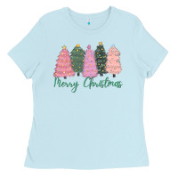 Baby Blue merry christmas trees Ladies Tee - CowGirlArtShop