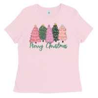 Bubblegum Pink merry christmas trees Ladies Tee - CowGirlArtShop