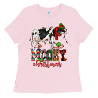 Bubblegum Pink mooey christmas cow Ladies Tee - CowGirlArtShop