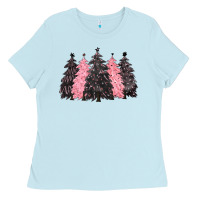 Baby Blue pink christmas trees Ladies Tee - CowGirlArtShop