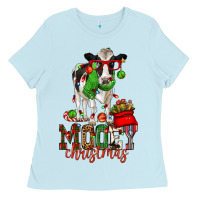 Baby Blue mooey christmas holstein cow Ladies Tee - CowGirlArtShop