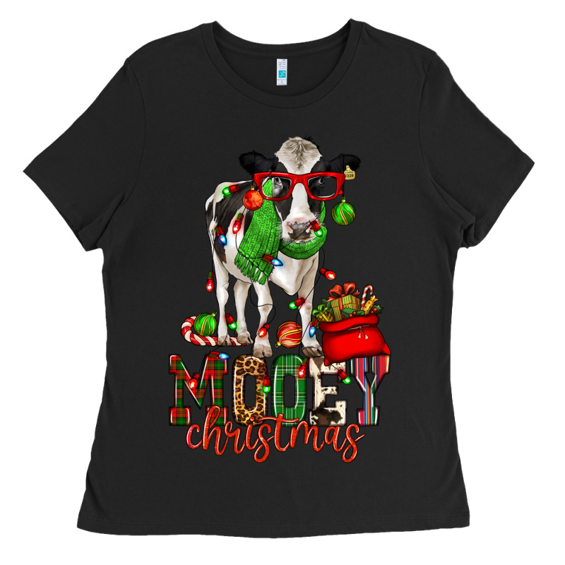 Mooey Christmas Holstein Cow Ladies Tee by CowGirlArtShop | Teevron