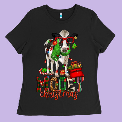 Mooey Christmas Holstein Cow Ladies Tee Designed By Cowgirlartshop
