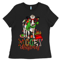 Black mooey christmas holstein cow Ladies Tee - CowGirlArtShop
