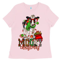 Bubblegum Pink mooey christmas holstein cow Ladies Tee - CowGirlArtShop