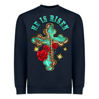 Navy he is risen cross with roses Heavyweight Sweatshirt - BarkalooDesign