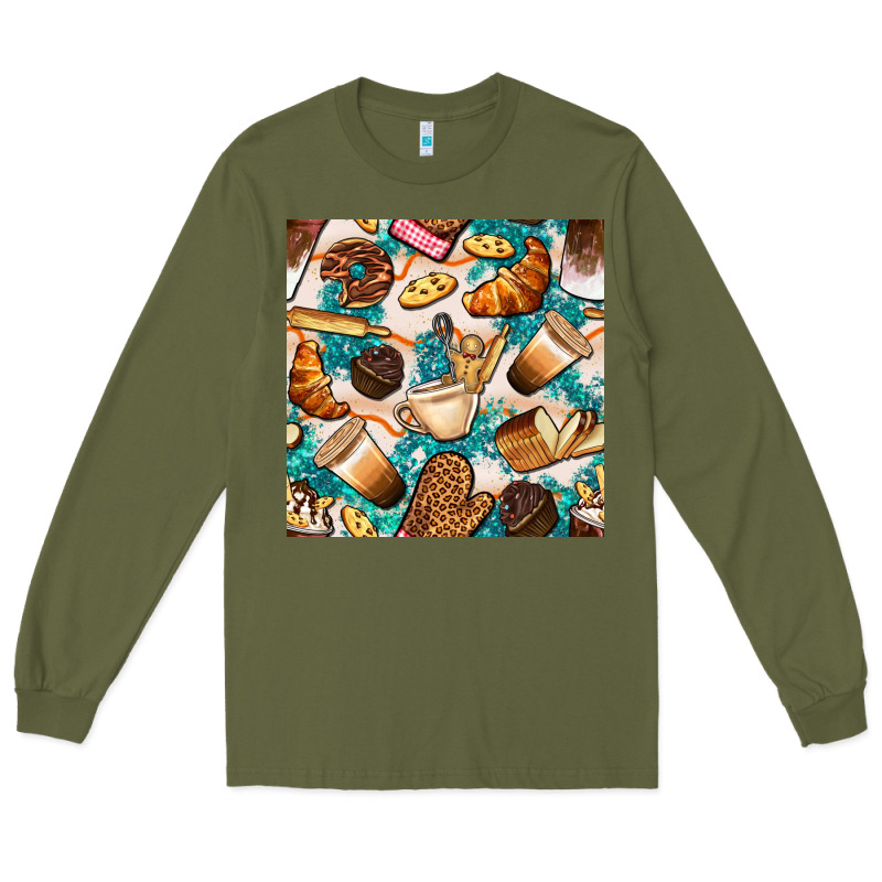 Bakery Coffee Cups Cookie And Donut With Turquoise Glitter Seamless Pa Long Sleeve Tee by BundleAndBundleShop | Teevron