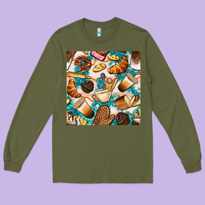 Bakery Coffee Cups Cookie And Donut With Turquoise Glitter Seamless Pa Long Sleeve Tee Designed By Bundleandbundleshop