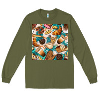 Army Green bakery coffee cups cookie and donut with turquoise glitter seamless pa Long Sleeve Tee - BundleAndBundleShop