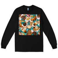 Black bakery coffee cups cookie and donut with turquoise glitter seamless pa Long Sleeve Tee - BundleAndBundleShop