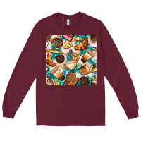 Burgundy bakery coffee cups cookie and donut with turquoise glitter seamless pa Long Sleeve Tee - BundleAndBundleShop