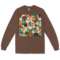 Chestnut bakery coffee cups cookie and donut with turquoise glitter seamless pa Long Sleeve Tee - BundleAndBundleShop