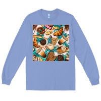 Colony Blue bakery coffee cups cookie and donut with turquoise glitter seamless pa Long Sleeve Tee - BundleAndBundleShop